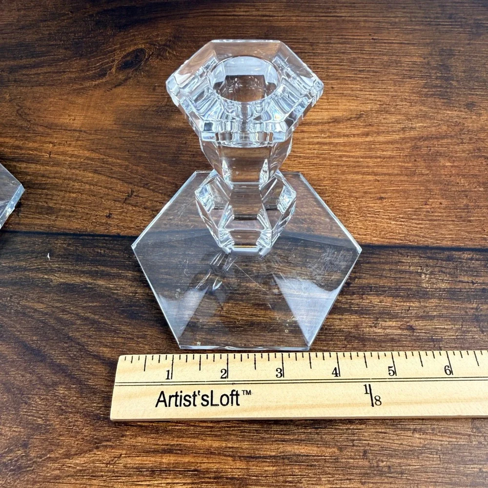 Val St Lambert Crystal Candlestick Holders Pair Hexagonal Base Belgian Glass